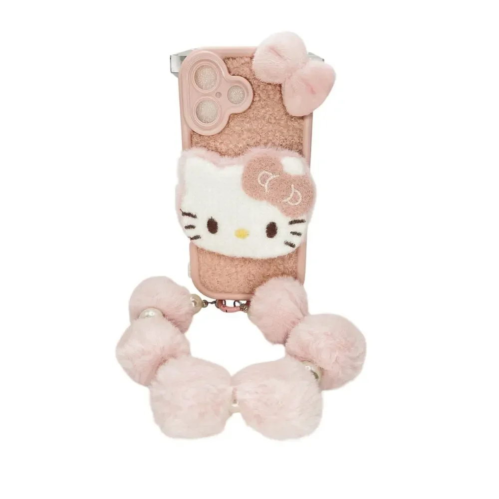 Hello Kitty Faux Fur Teddy PomPom Pastel Pink Kawaii Phone Case Wrislet 17 Pro